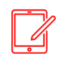 a red neon sign with a pen on the screen of a tablet